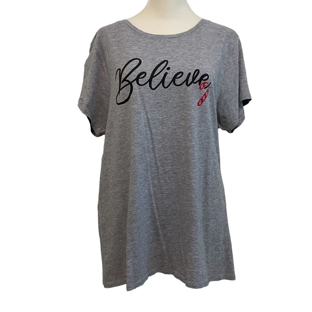 Gray Believe Candy Cane Christmas Short Sleeve Shirt Size L Women